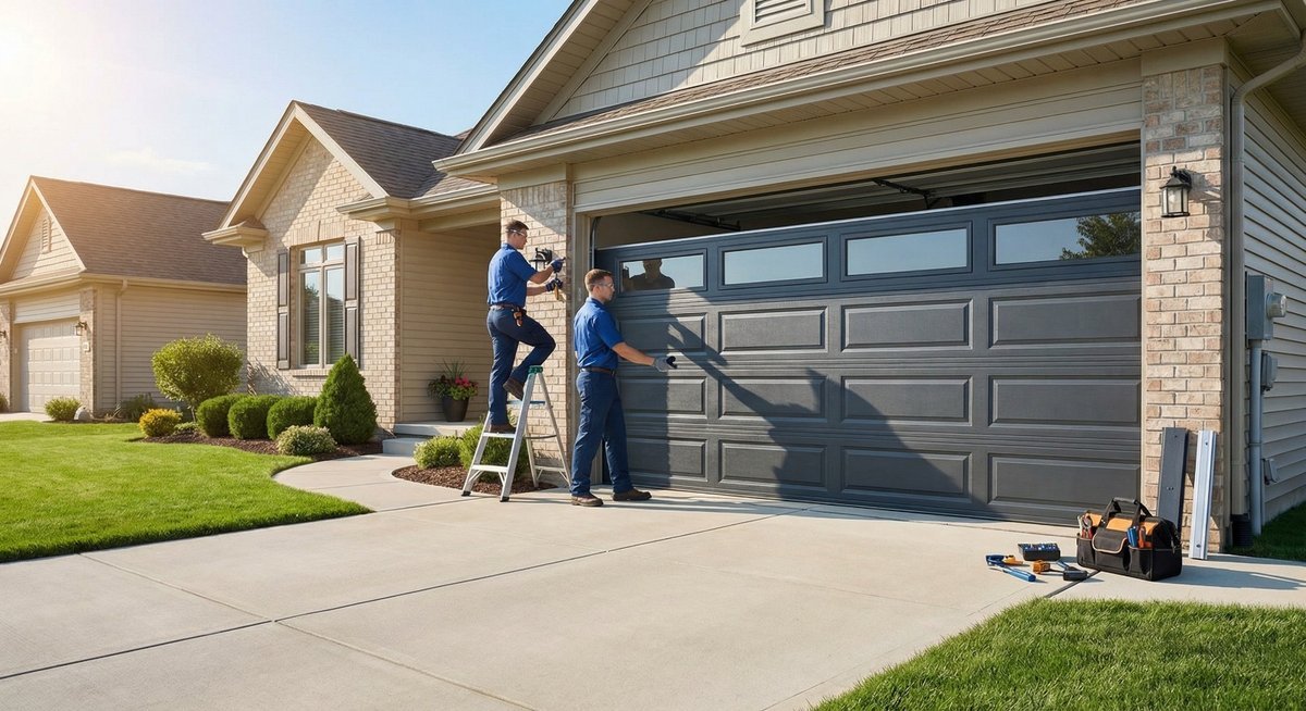 Brick house with a dark garage door and two technicians on ladders in the driveway