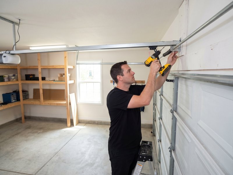 Technician using a cordless drill on overhead opener hardware above a closed door