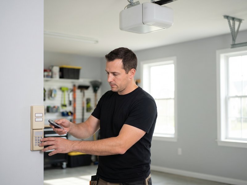 Technician setting up the wall button panel for an opener