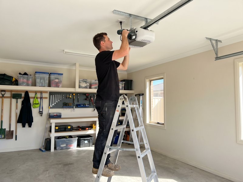 Technician on a stepladder mounting an opener on a garage ceiling