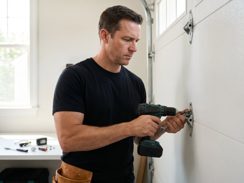Technician fastening a bracket on the inside face of a sectional door