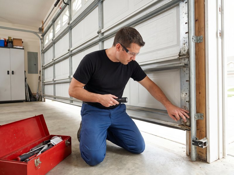 Technician kneeling beside a red toolbox to check a garage door track