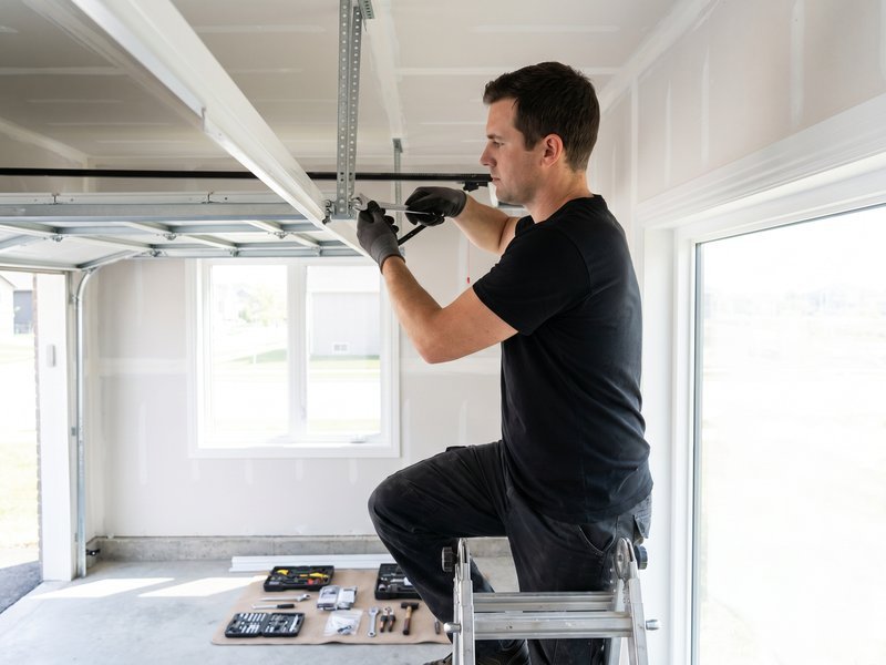 Technician fastening a garage door track bracket with a drill