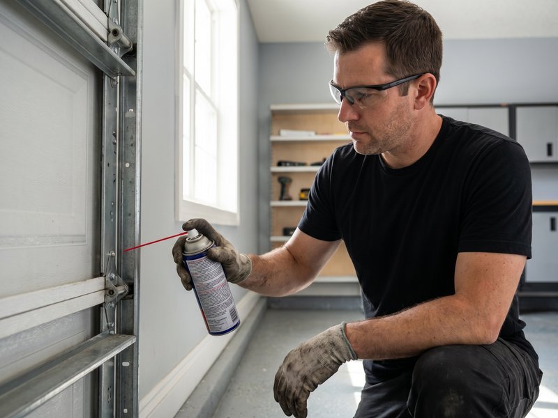 Worker applying lubricant to a sectional-door hinge