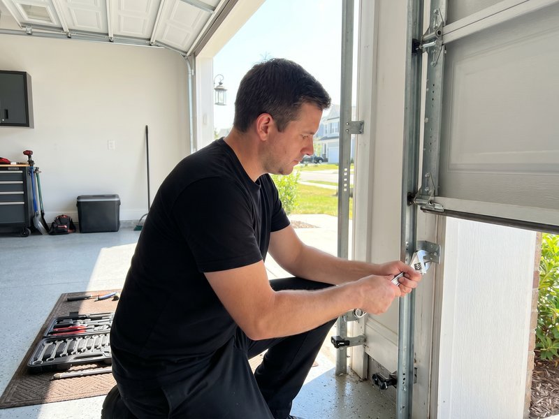 Technician checking the vertical track beside an open garage door