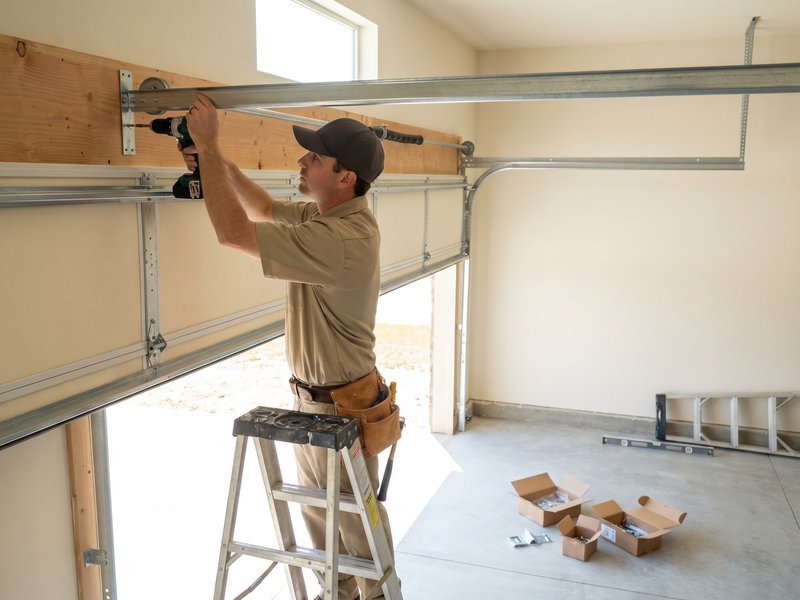 Installer kneeling beside a white garage door while another installer stands with new panels
