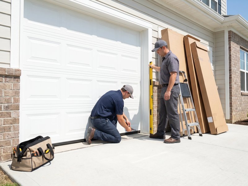 Two installers unpacking door parts on the floor of a steel-sided garage