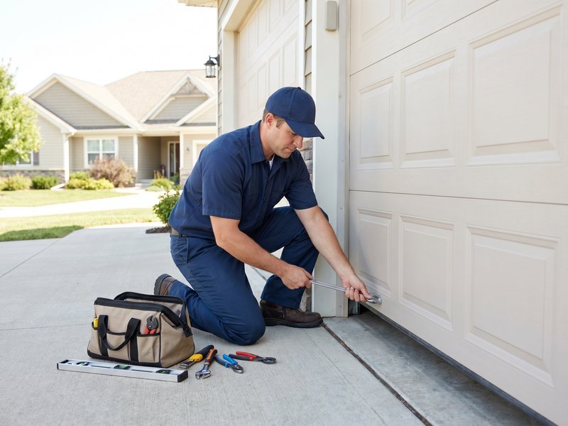 Technician kneeling beside a white garage door while fitting a bottom seal