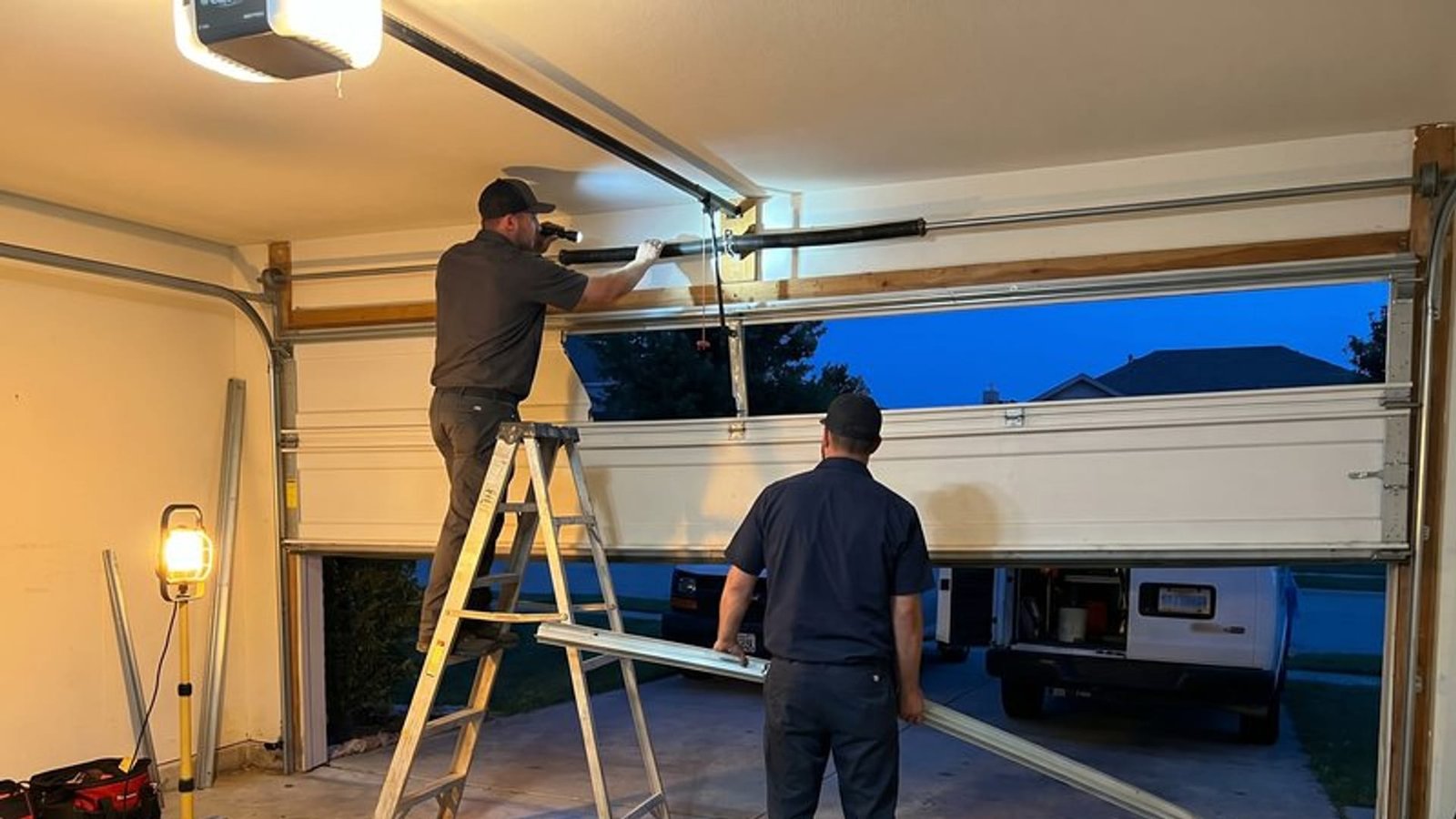 Two technicians inside a garage at dusk, one on a ladder, working on the door